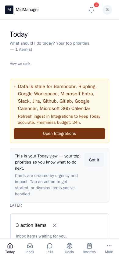 Today view with Focus Engine cards showing top three priorities (mobile)