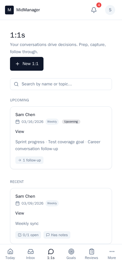 Team Actions or 1:1 list with follow-ups and action items (mobile)