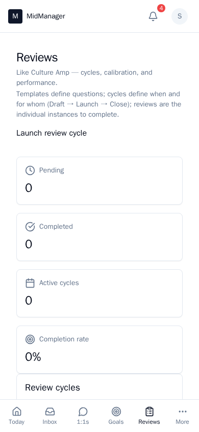 Reviews or review cycle view with progress and feedback (mobile)