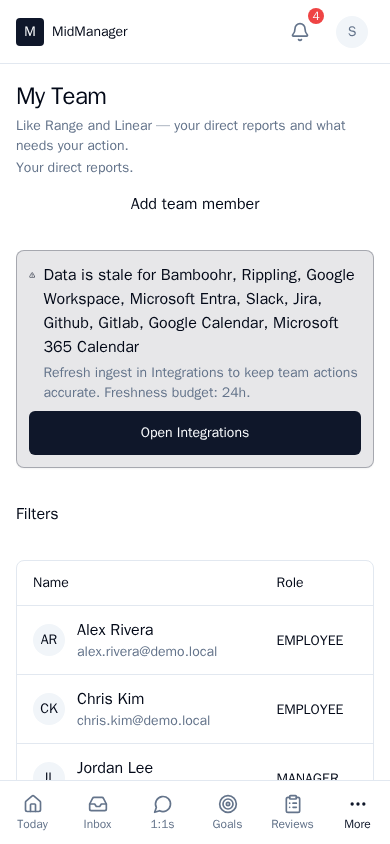 Team or capacity view showing workload and balance (mobile)